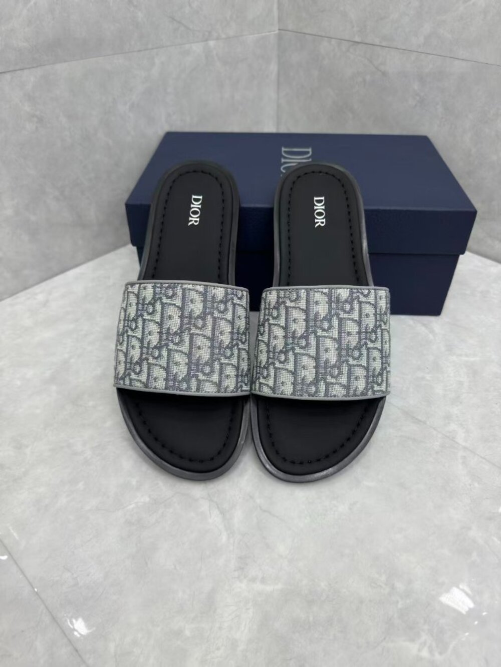 Christian Dior Grey Oblique Jacquard Slide Sandals Logo Flat Slip On Mules